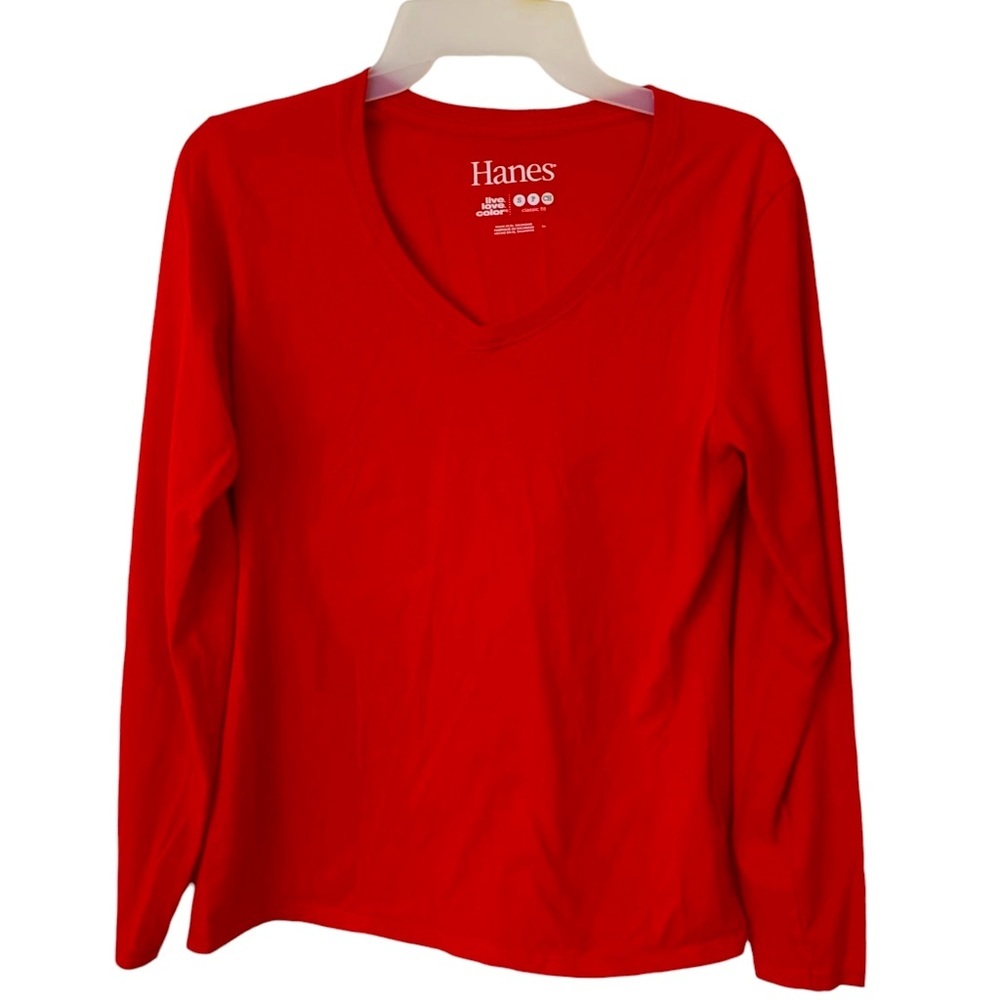 Hanes | Small | Women's Red V-Neck Classic Fit Long Sleeve T-shirt